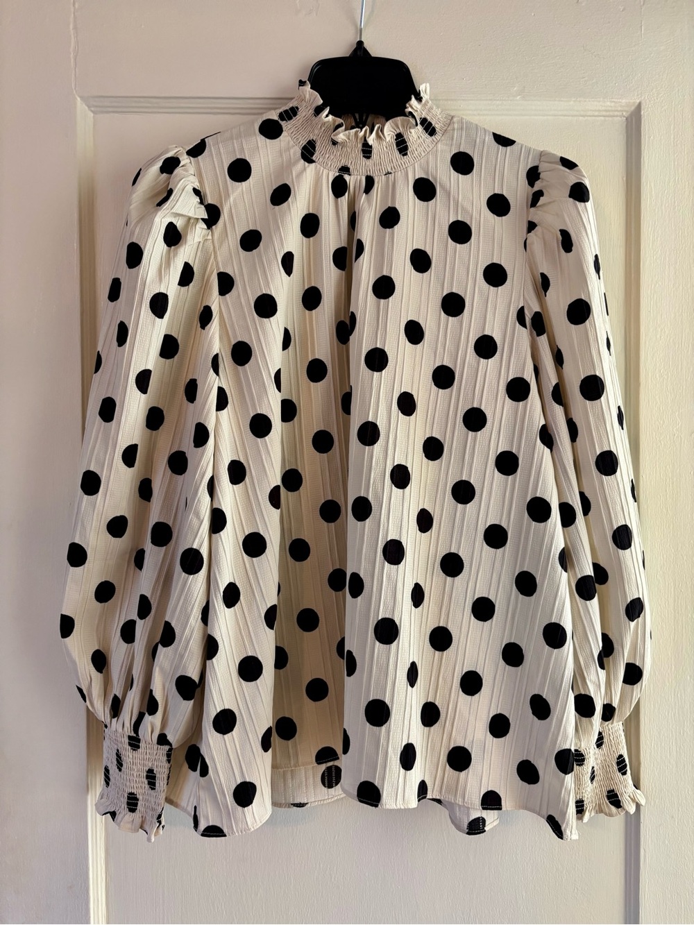 English Factory Cream Blouse with Black Polka Dots and Ruffled Mock Neck